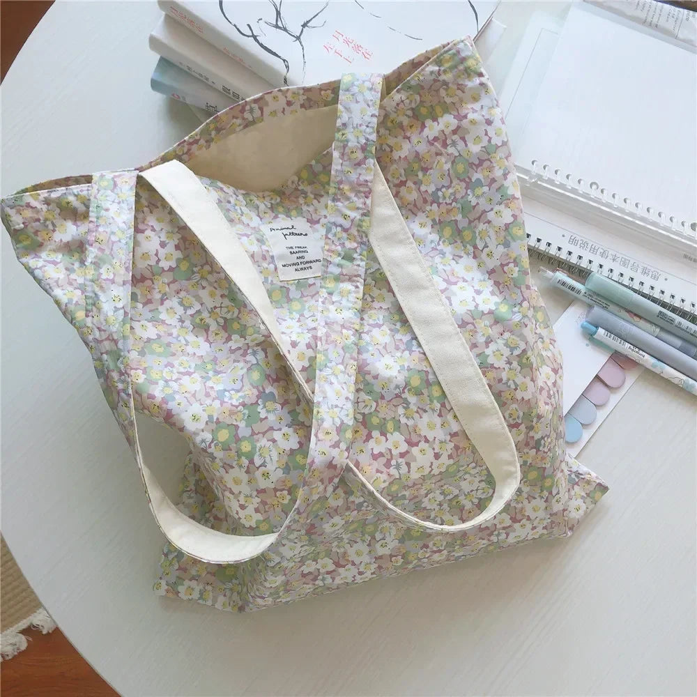 Cotton Floral Canvas Tote Bag Reusable Foldable Shopping Shoulder Handbag