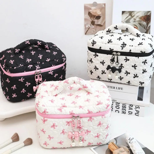 Large Capacity Pink Bowknit Cosmetic Bag Makeup Organizer