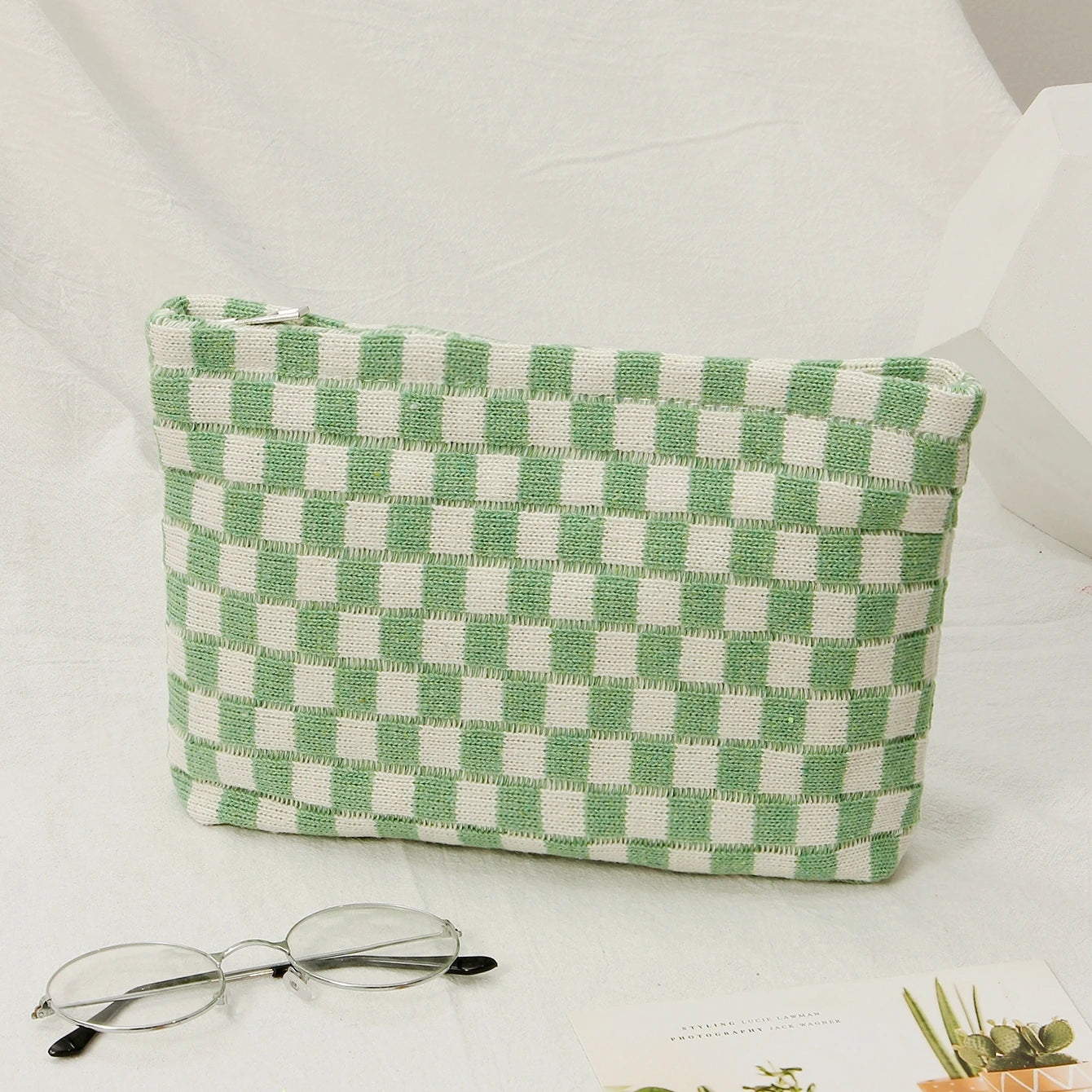 Checkerboard Cosmetic Bag Knitted Toiletry Storage Bag Colorful Makeup Pouch Organizer Checkered Pattern Cosmetic Bag