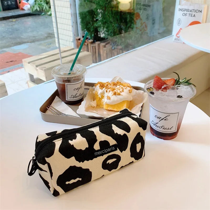 Japanese Style Leopard Cosmetic Bag Women Canvas Handbags Purse Organizer Pencil Case Lipstick Bag Makeup Bags Women Leopard Bag