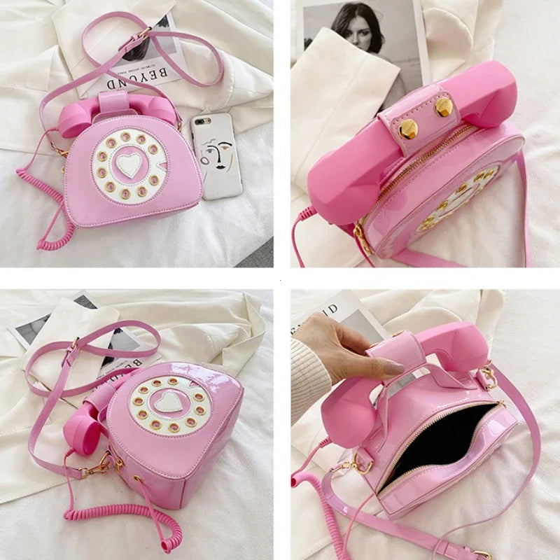 Women's Creative Shoulder Bag Telephone Shaped Crossbody Bag Retro PU Leather Designer Sweet Girl Phone Purses and Small Handbag