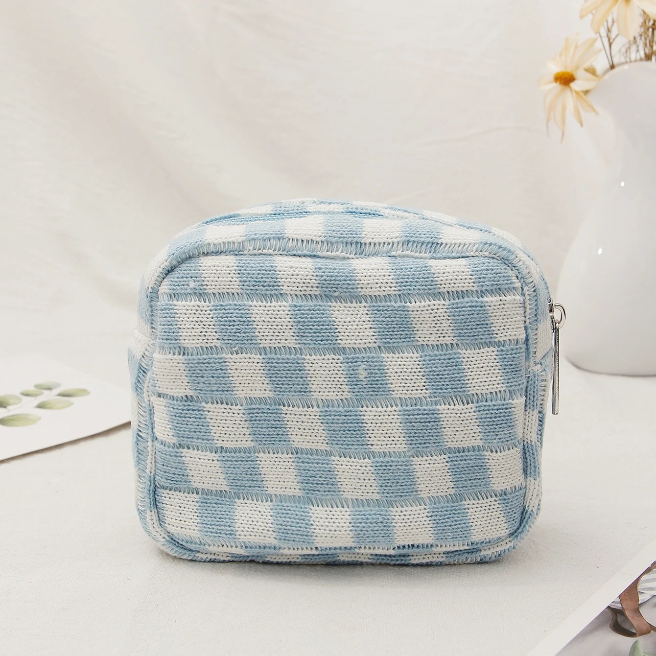 Checkerboard Cosmetic Bag Knitted Toiletry Storage Bag Colorful Makeup Pouch Organizer Checkered Pattern Cosmetic Bag