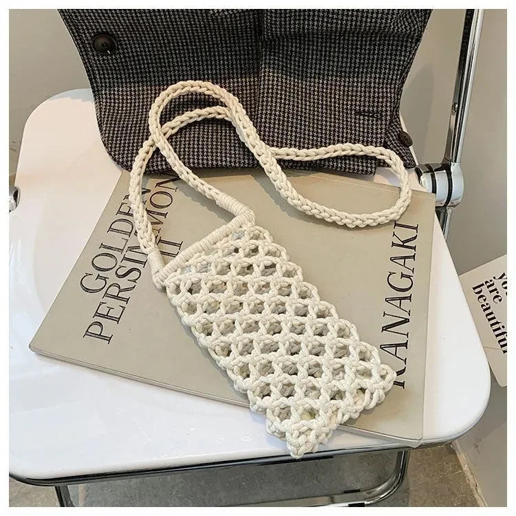 Women Fashion Small Crossbody Phone Bag Solid Color Hollow-out Woven Crochet Lightweight Braided Shoulder Handbag Crossbody Bags