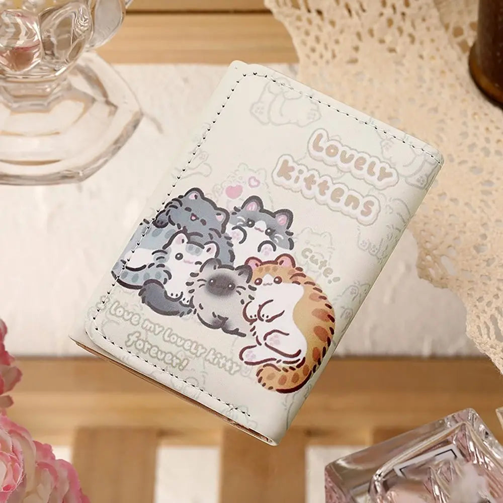 PU Leather Money Coin Purse 3 Folds INS Style Credit Card Holoder Cute Kitten Dog Card Wallets Money Bag Girls Students Gift