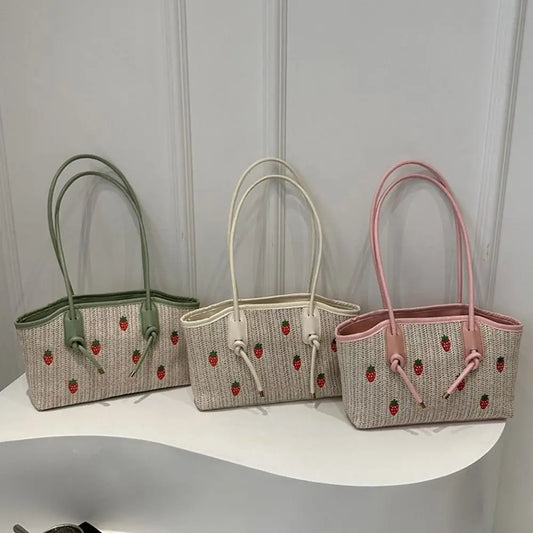 Large Capacity Strawberry Embroidery Tote Bag - Reusable Holiday Style Handbag