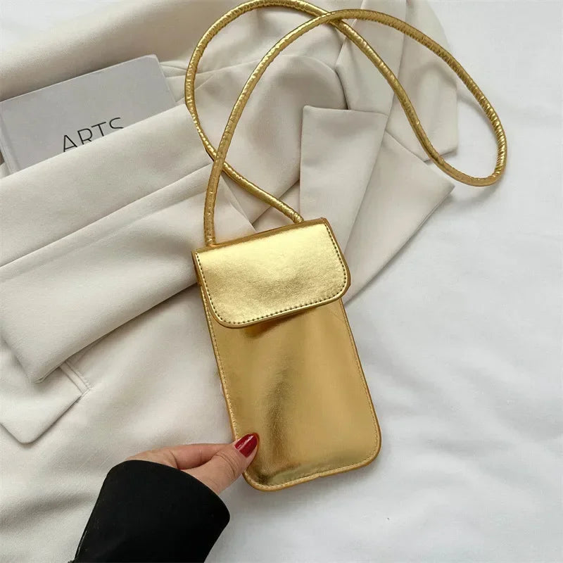 Fashion Shoulder Crossbody Bag for Women Silver Gold PU Leather Mini Portable Lipstick Messenger Bag Mobile Phone Bag Wallets