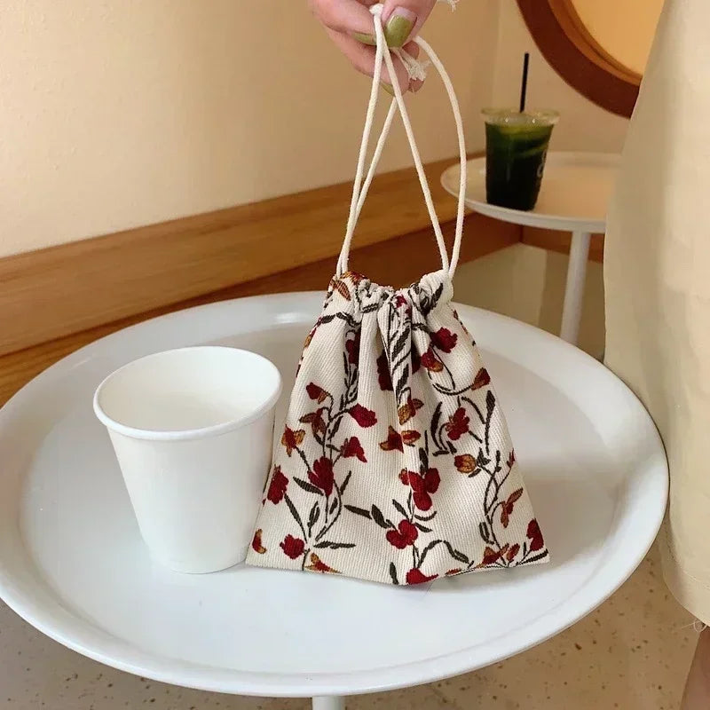 Corduroy Floral Storage Drawstring Bag Women Cosmetic Organizer Pouch Cute Makeup Bag Christmas Gift Candy Jewelry Organizer