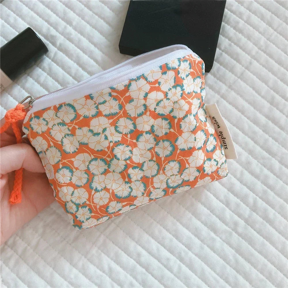 Summer Fresh Floral Print Cotton Coin Purse Mini Storage Small Cloth Bag Headphone Bag Travel Cosmetic Pouch Make Up Storage Bag