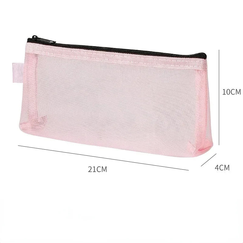 Gray Black Makeup Case Large Capacity Mesh Transparent Cosmetic Brush Bags Students Solid Color Zipper Nylon Pencil Case