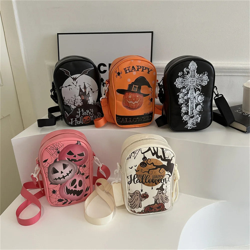 Quirky Halloween Cartoon Ghost Crossbody Bag - Soft PU Leather Mobile Phone Bag