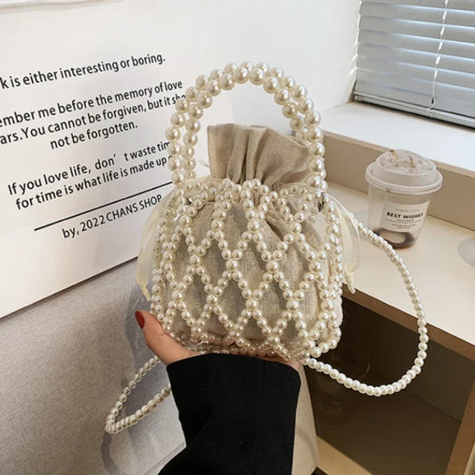 Women Pearl Bag Small Mini Tote Bucket Bag Woven Crossbody Hand Bags for Women Coin Purse Wallet Handbag Ladies Shoulder Bags