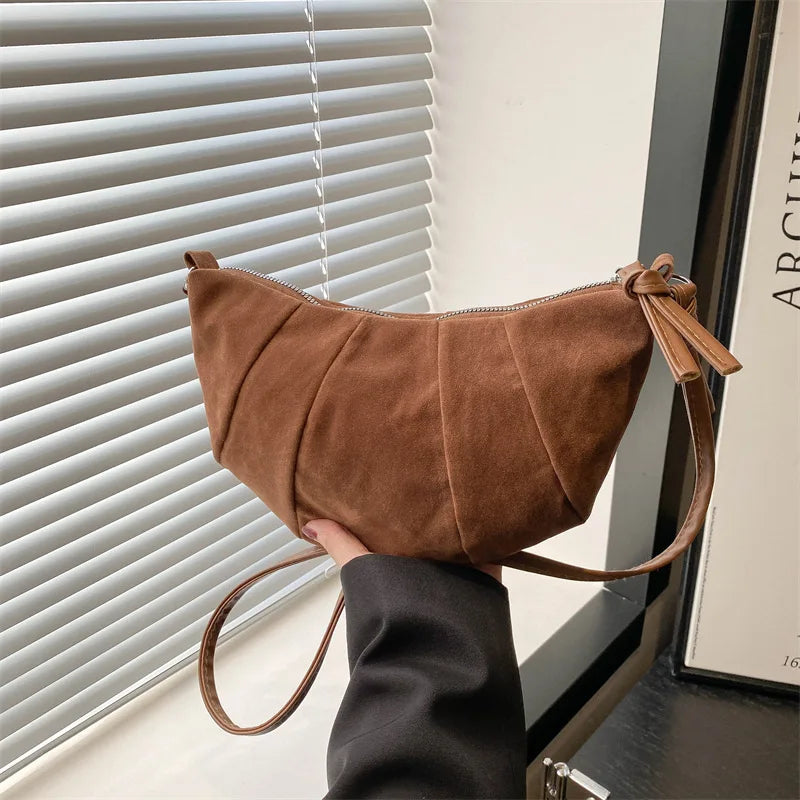 Suede Croissant Design Crossbody Bag for Women - Solid Color Hobo Bag