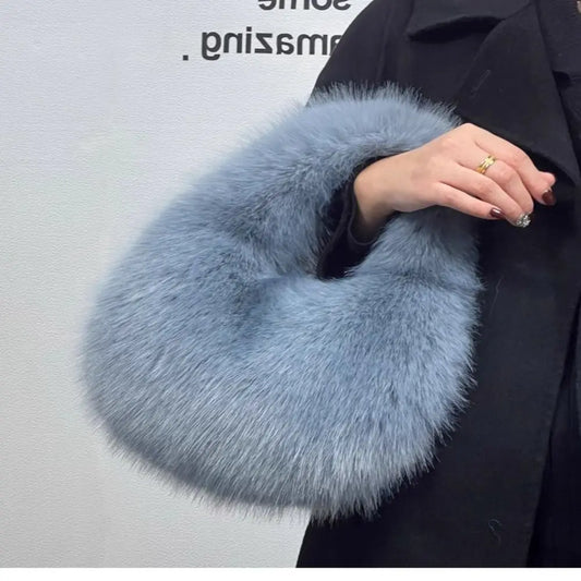 Faux Fur Fluffy Half Moon Clutch Bag Winter Handbag