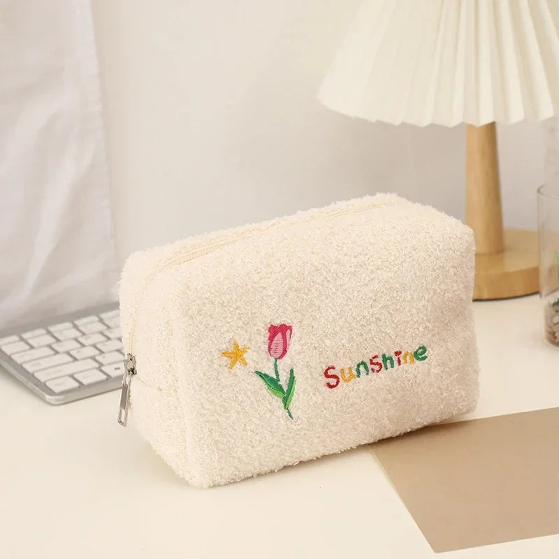 Cute Cosmetic Storage Bag Embroidered Flowers Cosmetic Bag Pencil Case Soft plush Makeup Bag for Lipstick Jewelry Pouch