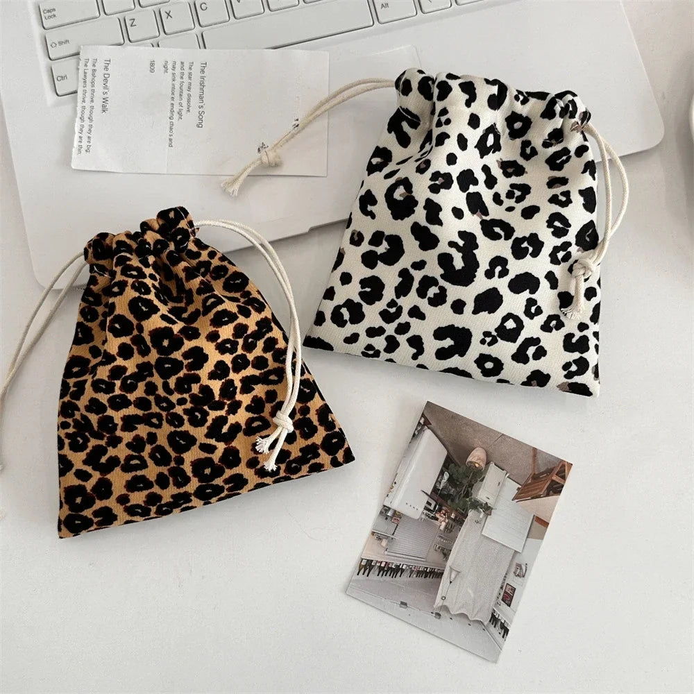 Leopard Print Drawstring Cosmetic Bags Fashion Girl Coin Bags Purse Keys Earphone Lipstick Toiletry Makeup Organizer Pocket Bags