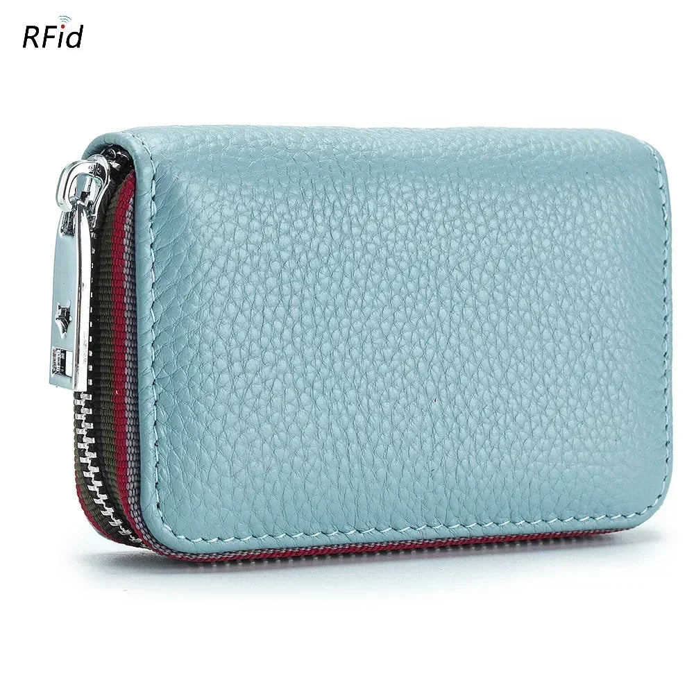 Genuine Leather Men Women Card Holder Small Zipper Wallet Solid Coin Purse Accordion Design Rfid ID Business Credit Card Bags