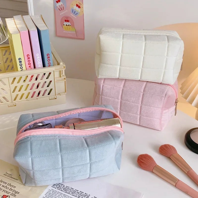 Soft Multifunctional Cosmetic Bag Organizer Large Capacity Pink White Blue Plush Makeup Bag Pencil Case Cute Student Storage Bag