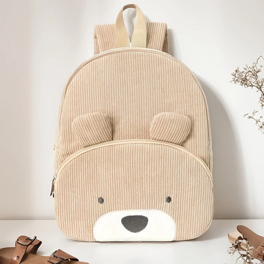 Cartoon Bear Embroidered Corduroy Kids Backpack for Kindergarten & Elementary School