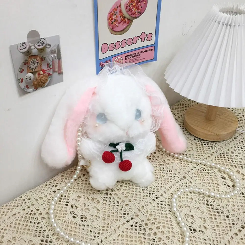 Kawaii Bunny Plush Shoulder Bag - Lolita Rabbit Purse with Pearl Chain