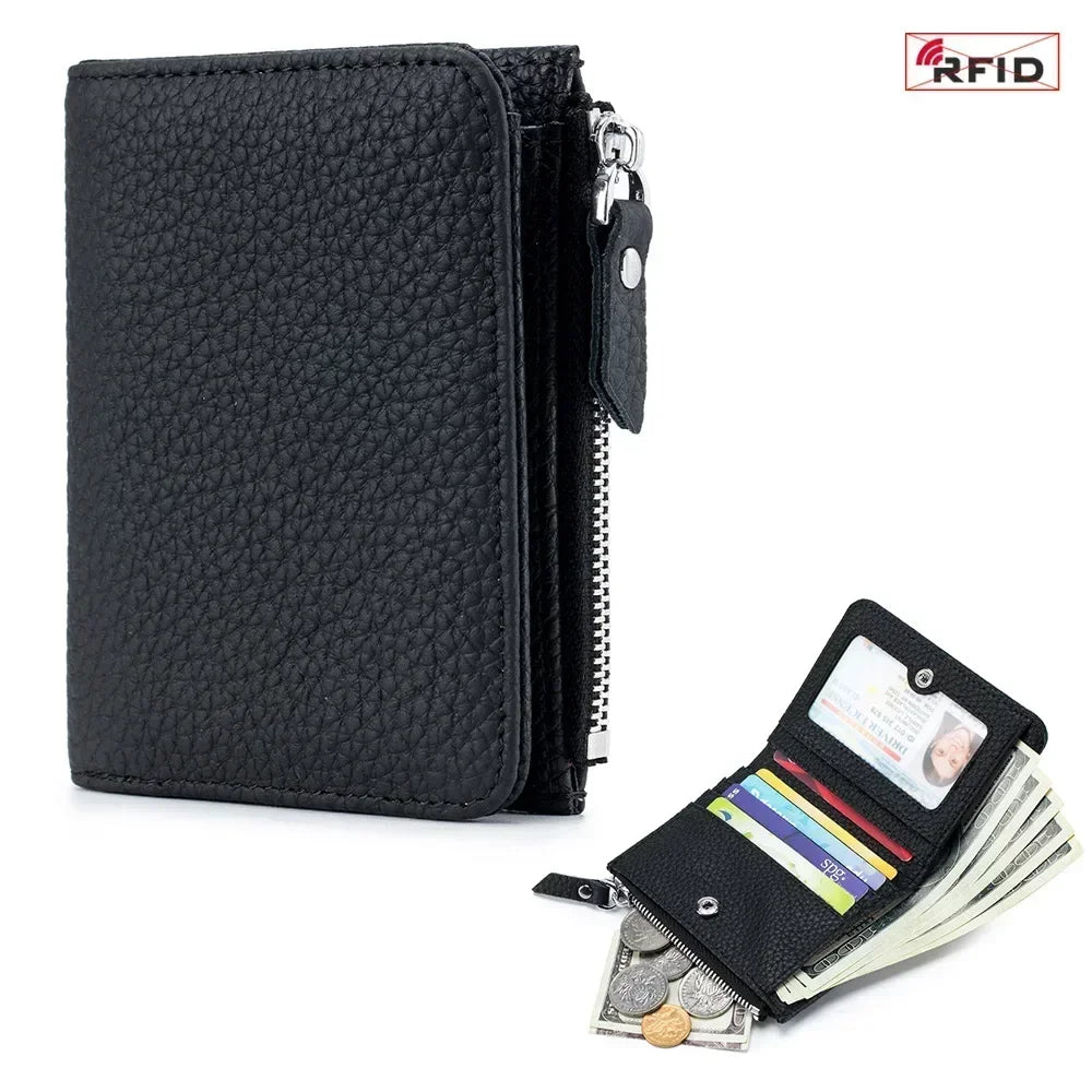 Genuine Leather RFID Short Wallets Card Holder Bag Portable Cowhide Small Zipper Money Coin Purse for Men Women Earphone Pouch