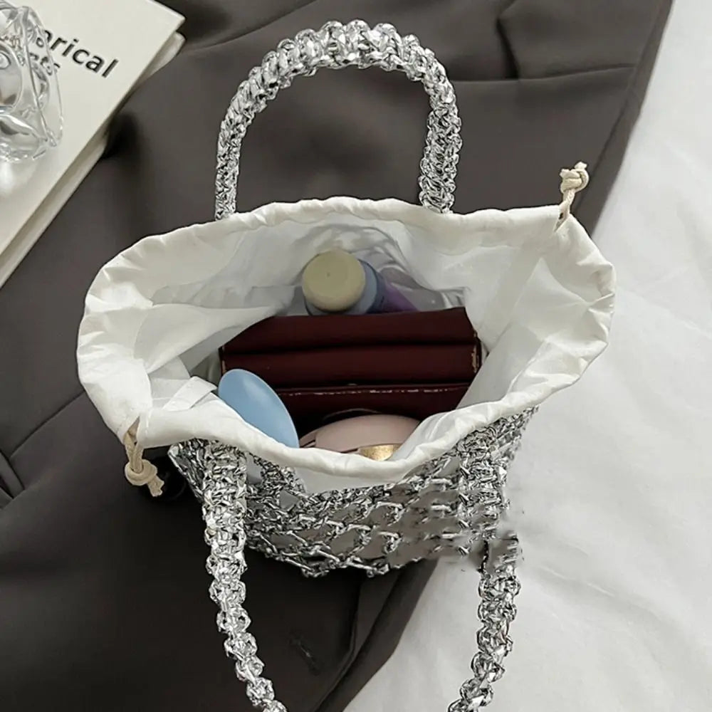 Fashion Portable Large Capacity Storage Bag Woven Bag Drawstring Bag Weave Bucket Bag Simple Beach Bag Women Girls Handbag