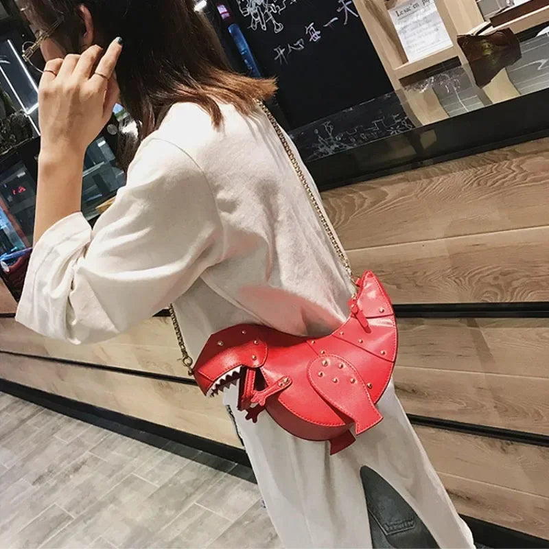 Trend Fashion 3D Dinosaur Design Rivets Pu Leather Girl's Chain Purse Shoulder Bag Tote Ladies Crossbody Mini Messenger Bag Flap