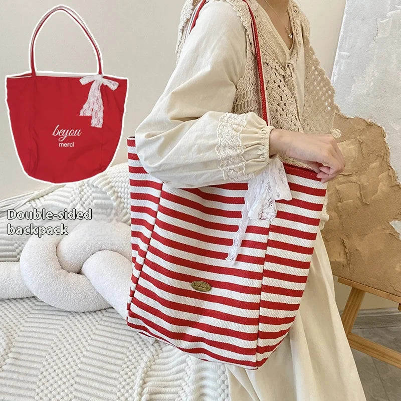 Striped Canvas Bag Korean Version Retro Literary Handbag Double-sided Use Shoulder Handbags Fashion Large Capacity Shopping Bags