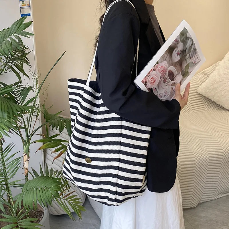 Striped Canvas Bag Korean Version Retro Literary Handbag Double-sided Use Shoulder Handbags Fashion Large Capacity Shopping Bags