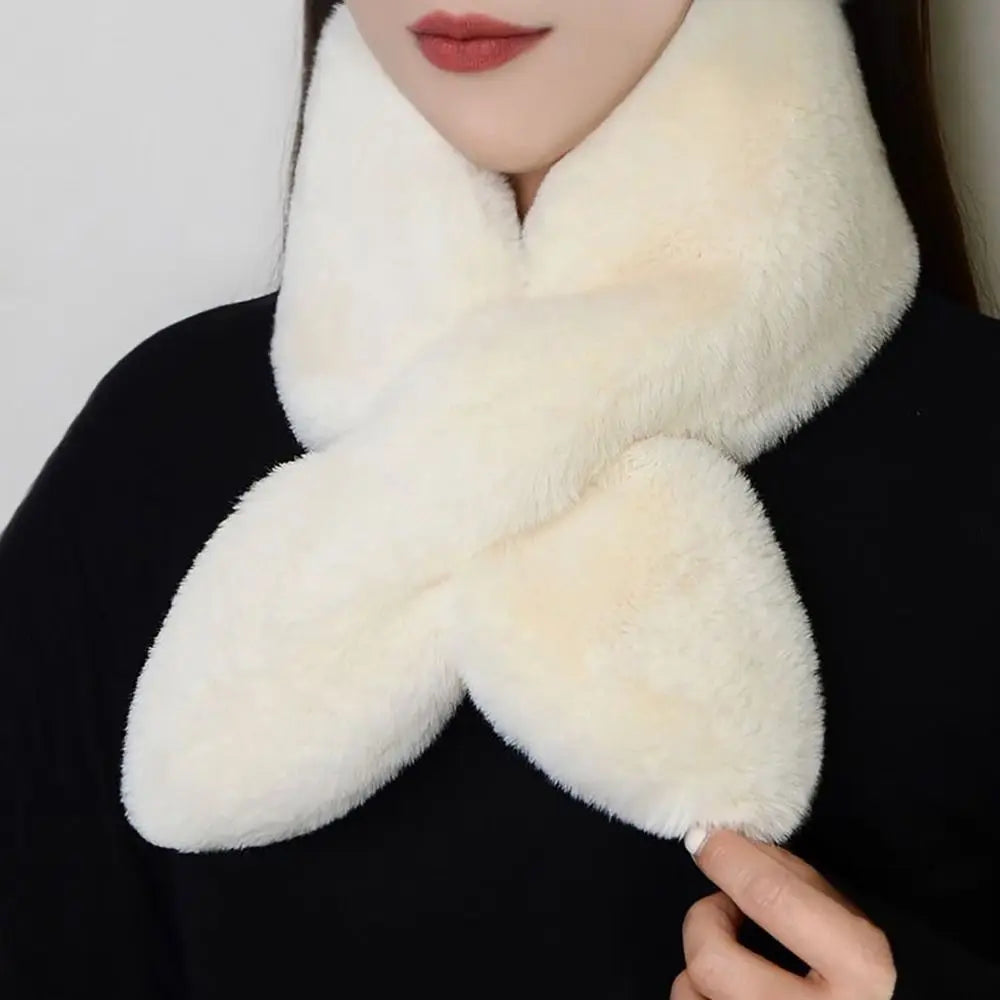 Women Girls Solid Color Cross Scarf Faux Rabbit Fur Plush Neck Scarf Thicken Shawl Neckerchief Wrap Winter Warm Neck Warmer