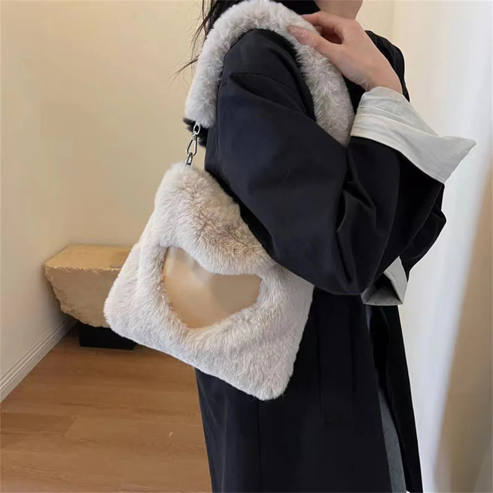 Faux Fur Heart Plush Women's Shoulder Bag - Large Capacity Fashion Tote