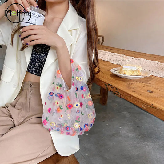 Transparent Women's Silk Mesh Embroidery Flower Designer Tote Bag