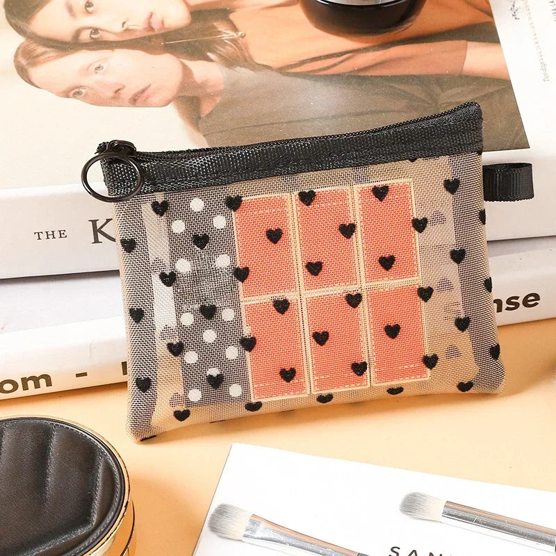 Nylon Mesh Cosmetic Bag Zipper Heart Shaped Toiletry Organizer Makeup Bags Multifunctional Women Girls Lipstick Coin Purse Pouch