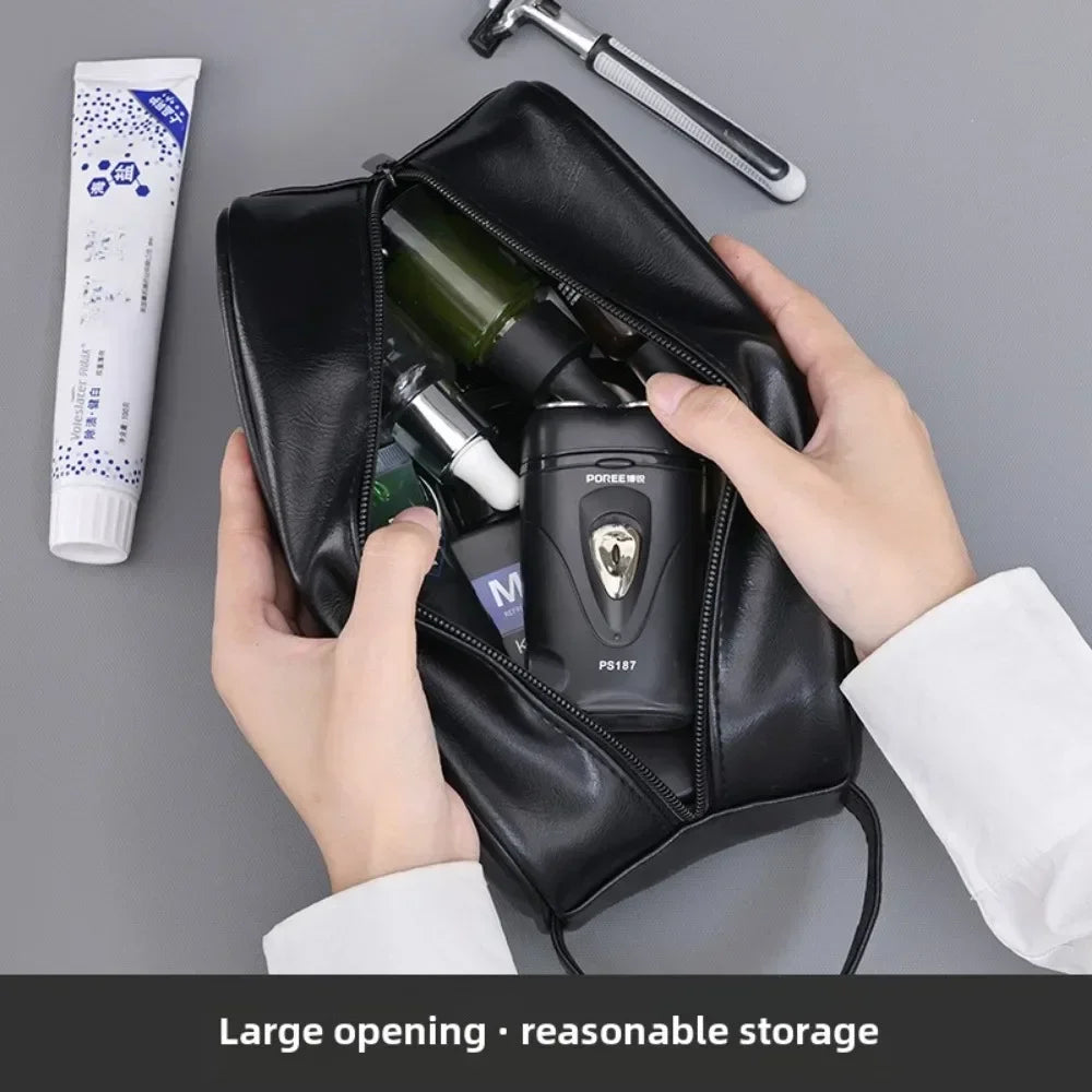 Men Leather Wash Bag Travel Business Trips Portable Cosmetic Bag Large Capacity Multi Pocket Design Handheld Leather Wash Bag