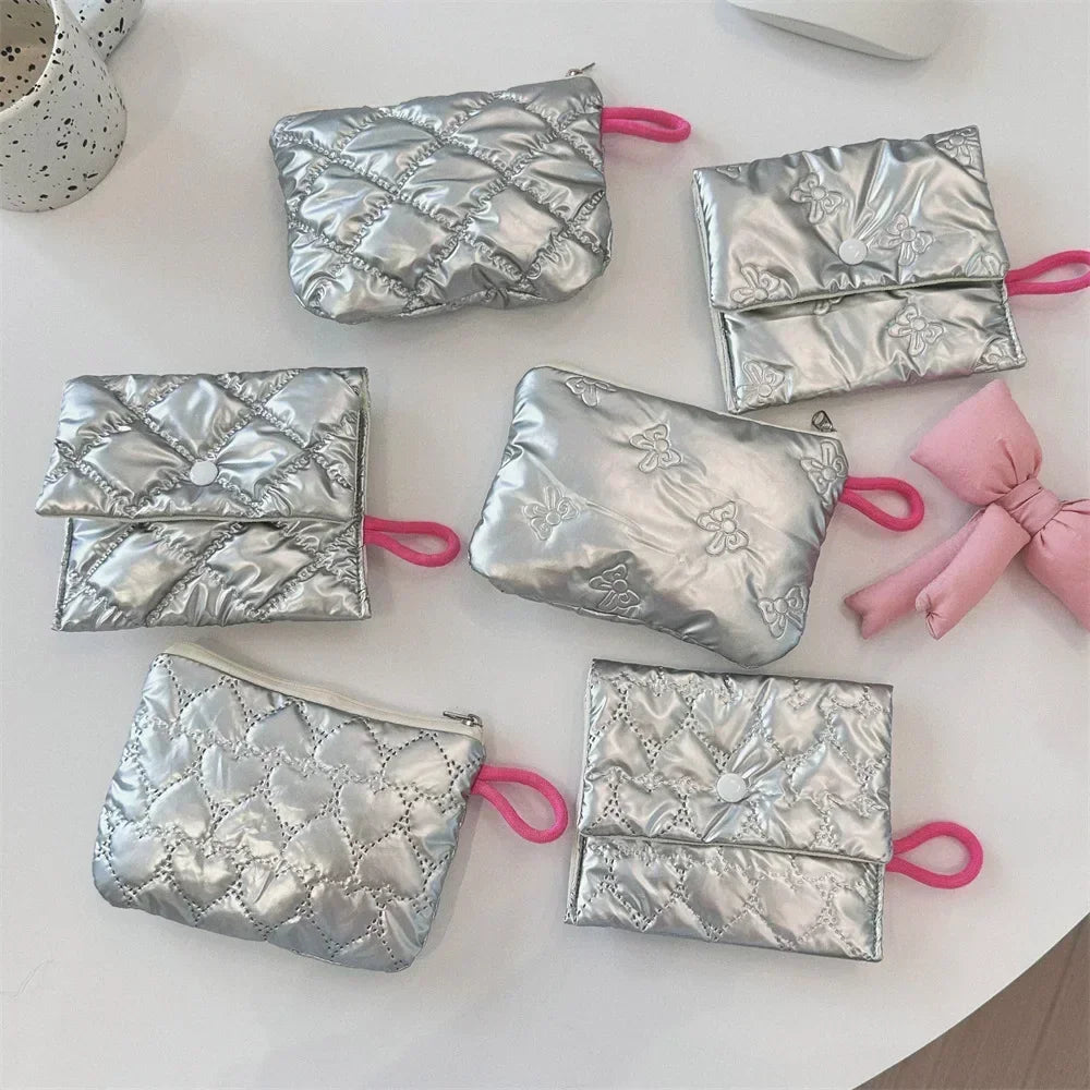 Waterproof Silver Love Bow Pattern Cute Coin Purse Small Clutch Coin Wallet Lady Girls Earphone Coin Key Money Storage Bag Pouch