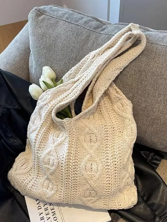 Vintage Wool Knitted Shoulder Bag - Large Capacity Crochet Tote for Women