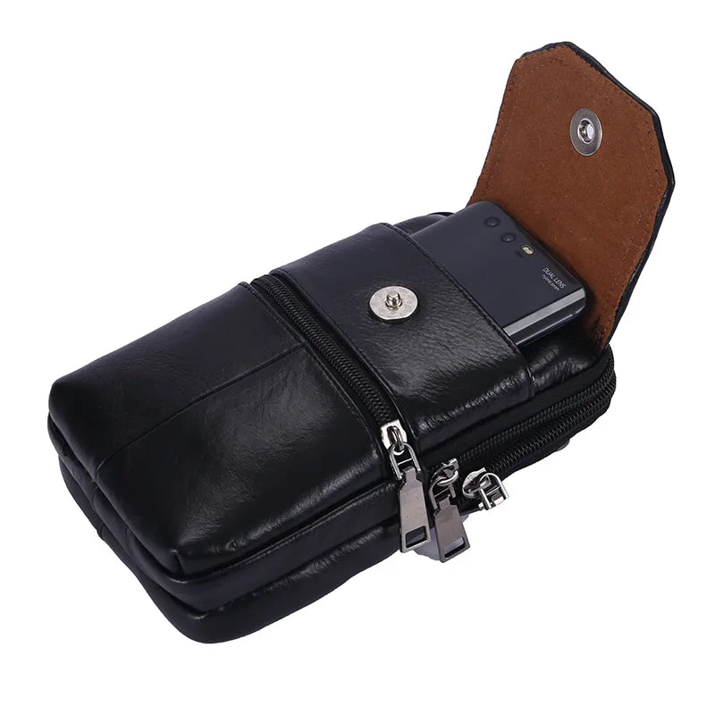 Men Leather Waist Bag Large Capacity Belt Bag Brown Shoulder Bags Crossbody Bags Multi-layer Buckle Mobile Phone Bag Bum Pouch