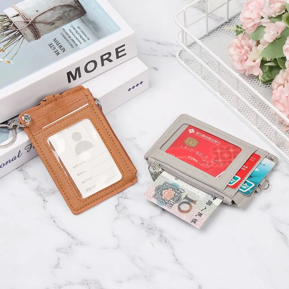 Portable PU Leather Coin Purse Wallet Keychain Office Work Business ID Card Credit Badge Holder Bus Cards Cover Zipper Pocket