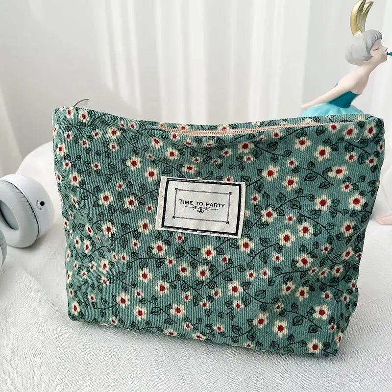 Cosmetic Bag Women Floral Makeup Case Organizer Korean Embroidery Cosmetic Pouch Travel Toiletry Bag Corduroy Canvas Beauty Case