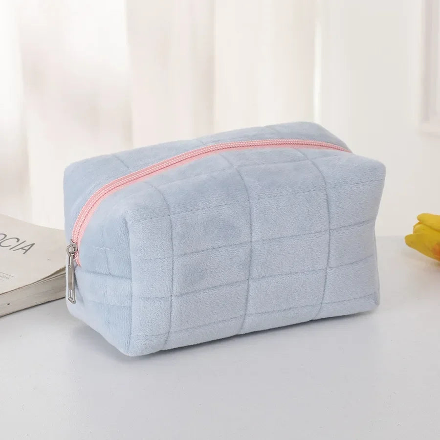 Solid Plush Cosmetic Storage Bag Large Women Zipper Makeup Organizer Handbag Stationery Pencil Case Travel Make Up Toiletry Bag