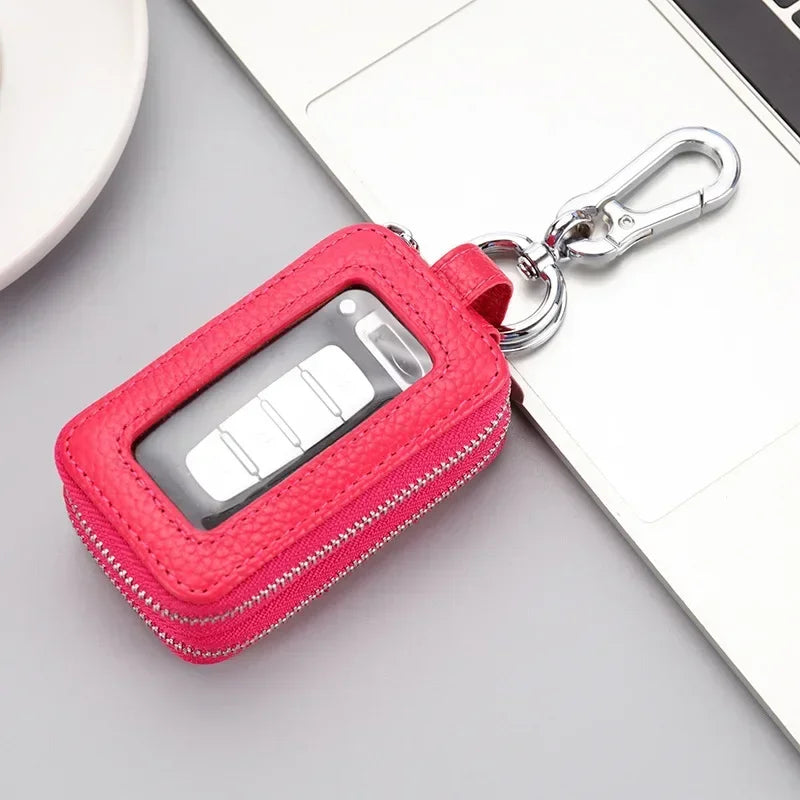 Double-layer Zipper Car Key Bag Lychee Pattern Top Layer Cowhide Key Bag Genuine Leather Key Chain Large Capacity Unisex KeysBag