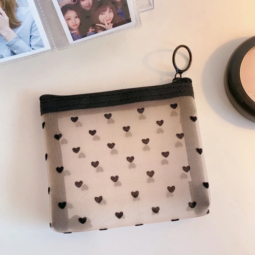 Transparent Heart Mesh Storage Bags Women Necessary Cosmetic Bag Travel Organizer Small Large Black Toiletry Bags Makeup Pouch