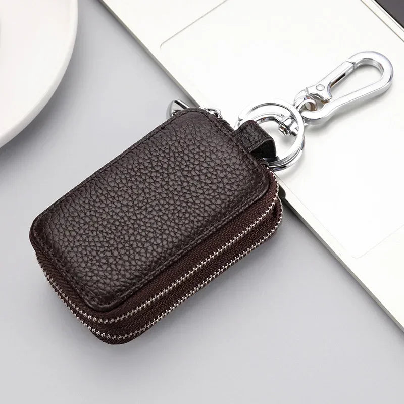 Double-layer Zipper Car Key Bag Lychee Pattern Top Layer Cowhide Key Bag Genuine Leather Key Chain Large Capacity Unisex KeysBag