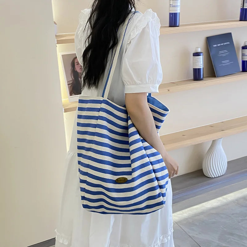 Striped Canvas Bag Korean Version Retro Literary Handbag Double-sided Use Shoulder Handbags Fashion Large Capacity Shopping Bags