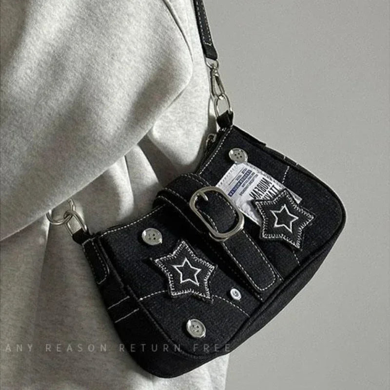 Y2K Star Pattern Canvas Shoulder Bag Chain Tote