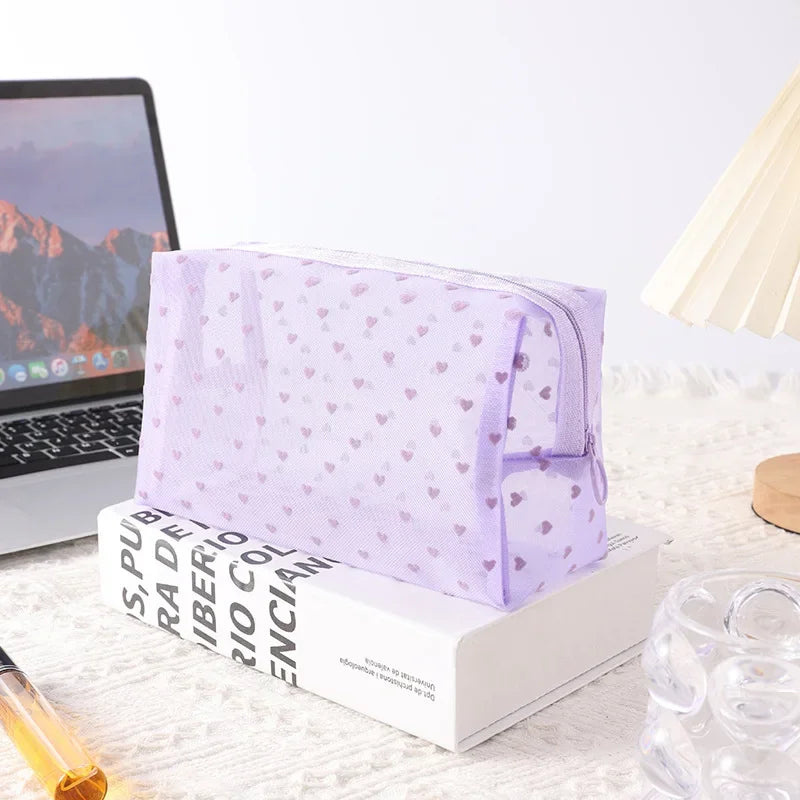 Love Print Mesh Cosmetic Bag Portable Toiletry Organizer Makeup Bag Multifunction Transparent Women Lipstick Storage Pouch