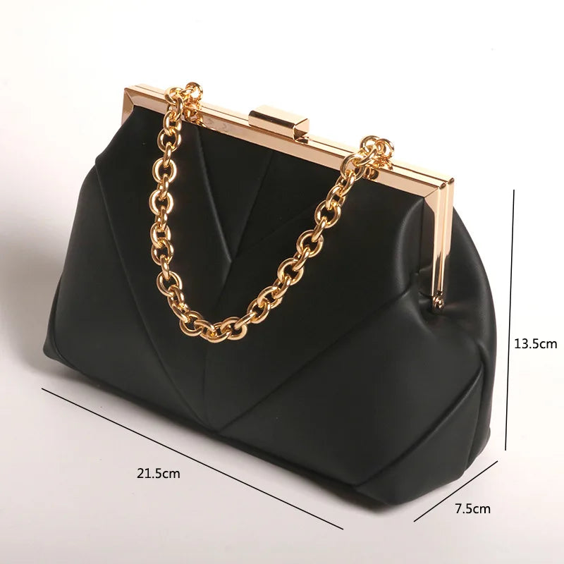 Women's Metal Buckle PU Leather Clutch Bag with Chain