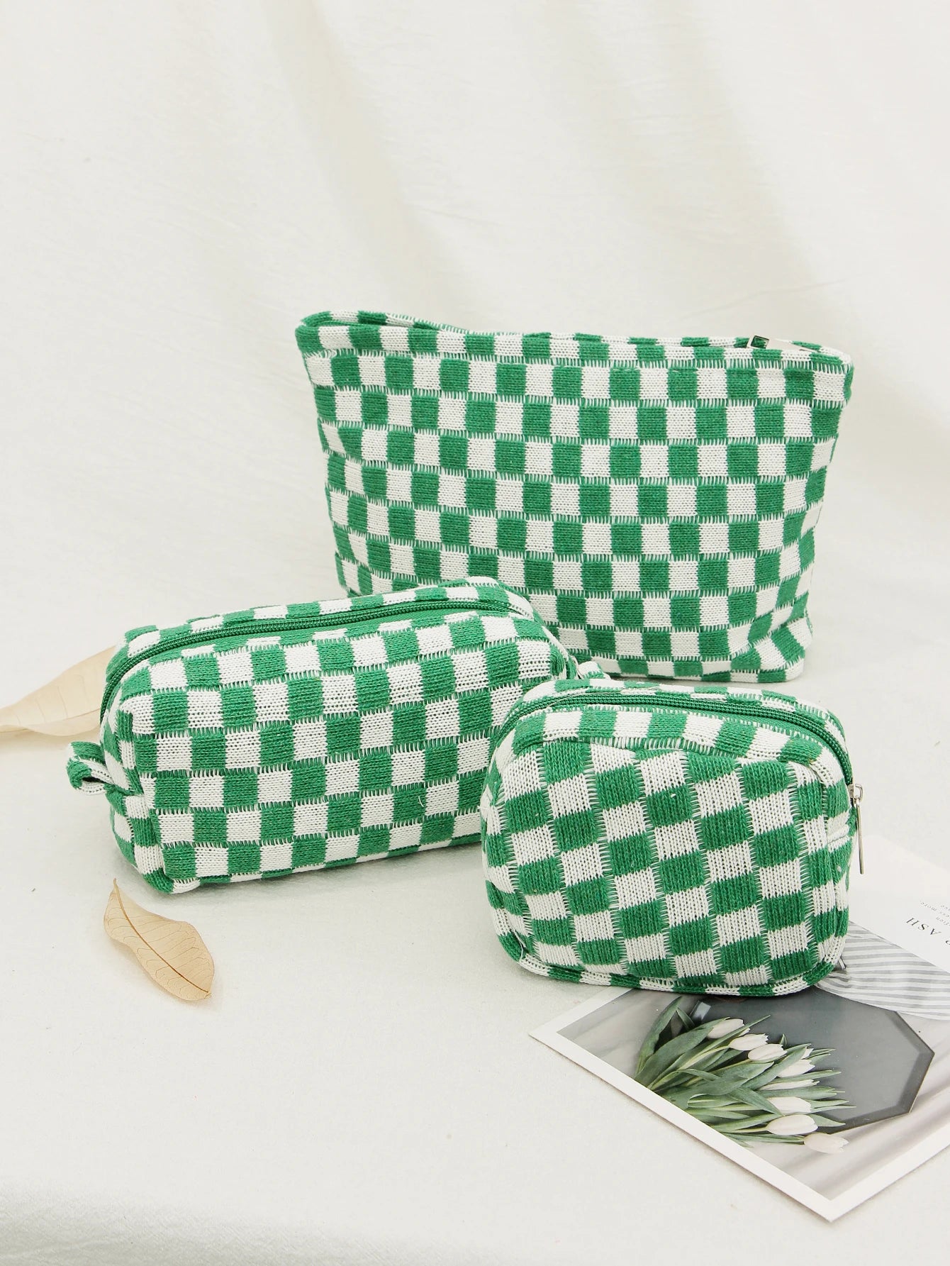 Checkerboard Cosmetic Bag Knitted Toiletry Storage Bag Colorful Makeup Pouch Organizer Checkered Pattern Cosmetic Bag