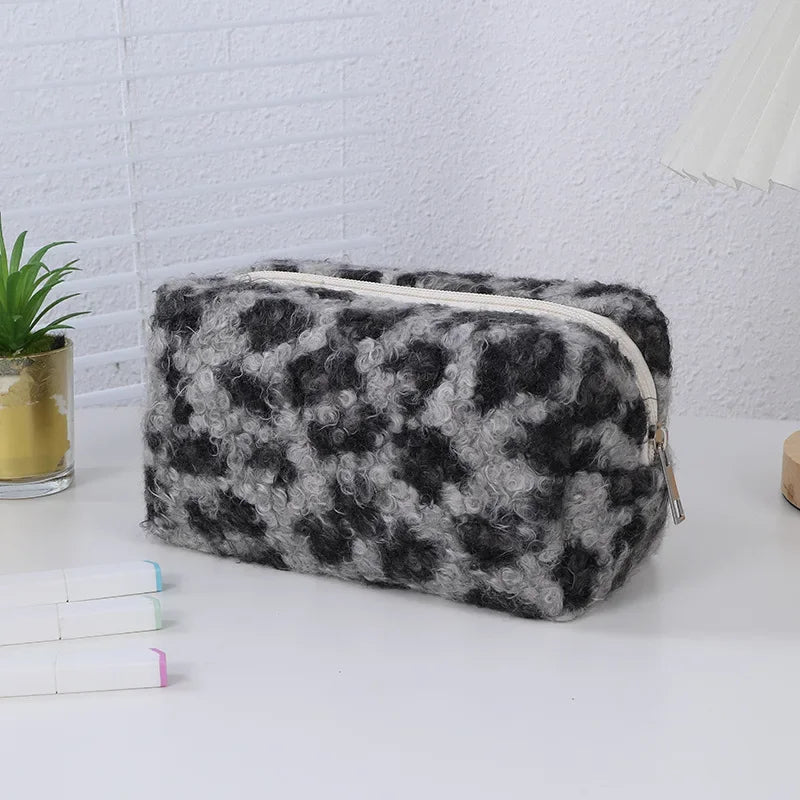 Leopard Print Soft Plush Travel Cosmetic Bag Lipstick Brush Toiletry Kit Storage Bag Women Makeup Handbags Organizer Pouch Bag