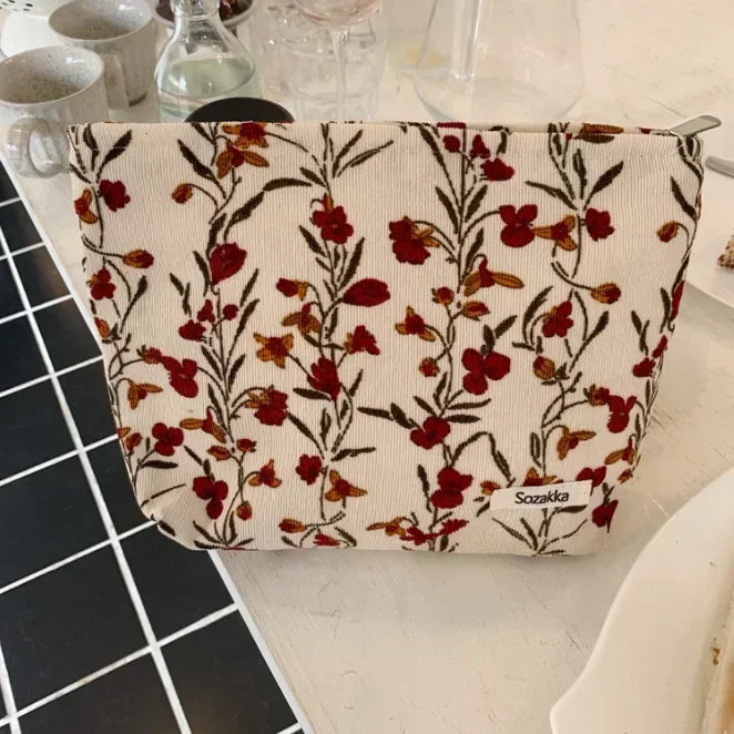 Flowers Women Cosmetic Bag Cotton Cloth Makeup Pouch Large Travel Bag Lipstick Organizer Cases Fashion Zipper Clutch Phone Purse