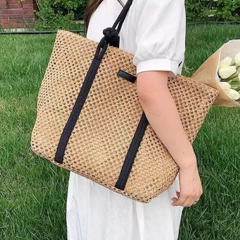 Elegant Straw Woven Beach Tote Handbag